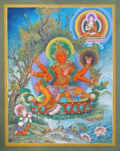 Six Arm Red Avalokiteshvara hand painted thanka